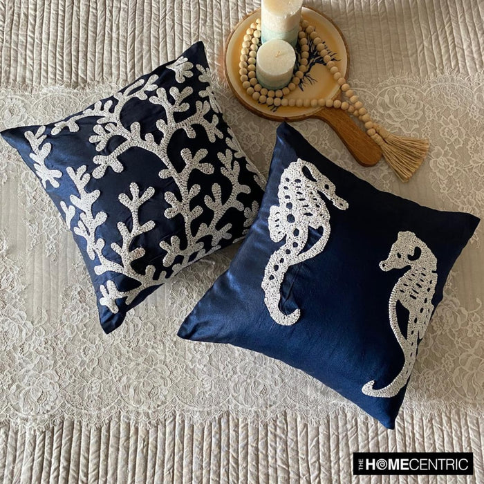 Navy Blue Art Silk Throw Pillow Cover - Navy Corals
