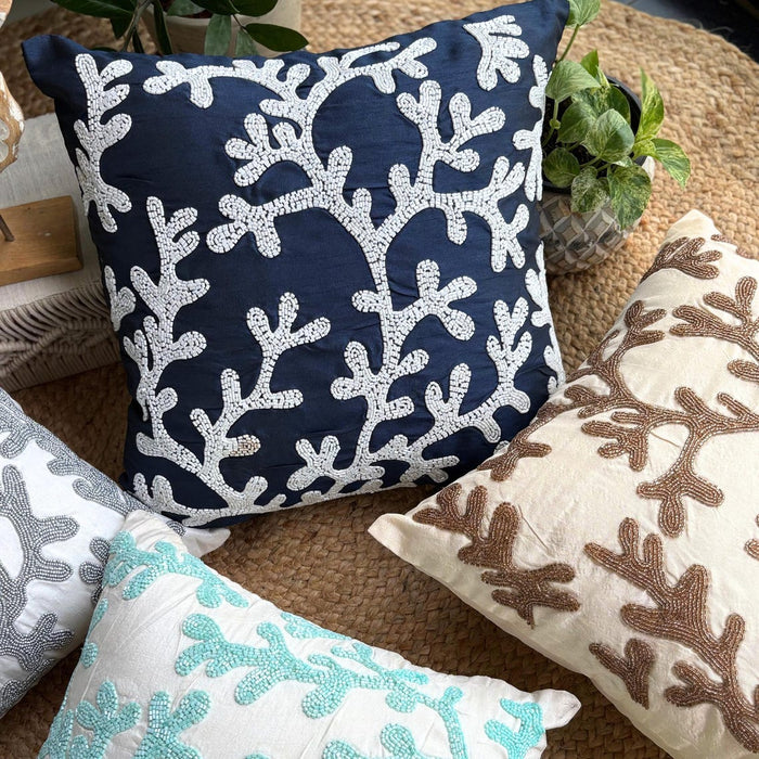 Navy Blue Art Silk Throw Pillow Cover - Navy Corals