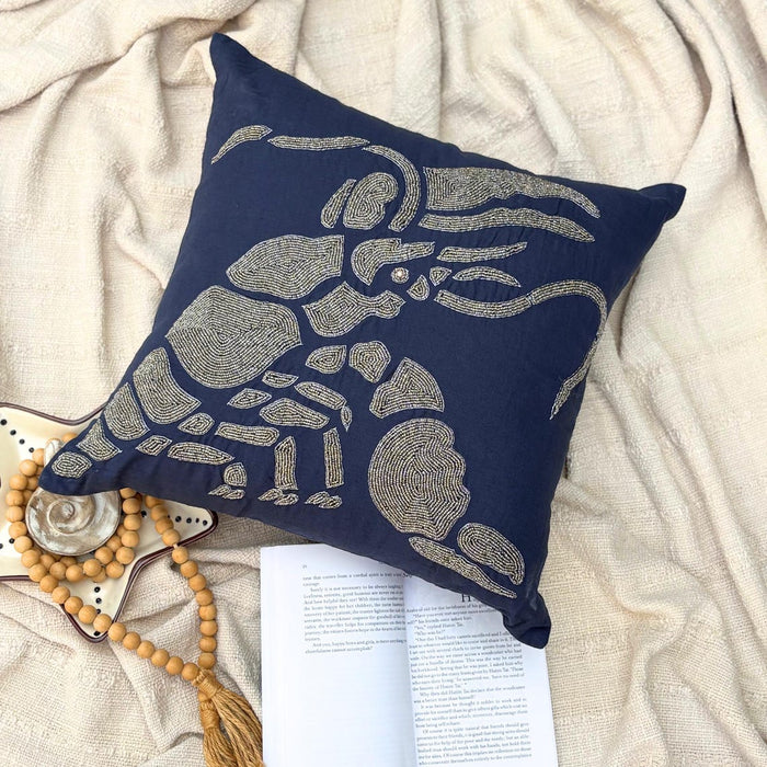 Navy Blue Cotton Linen Throw Pillow Cover - Lobster At The Shore