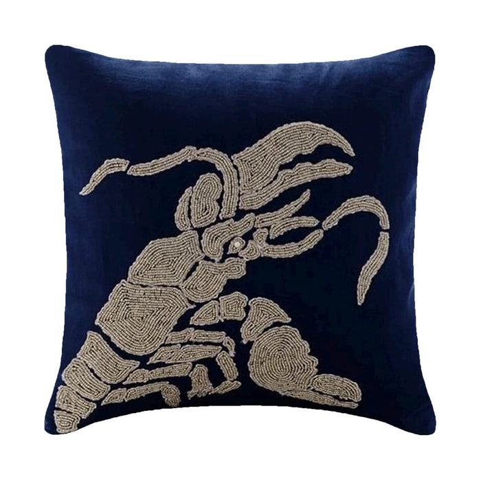 Navy Blue Cotton Linen Throw Pillow Cover - Lobster At The Shore