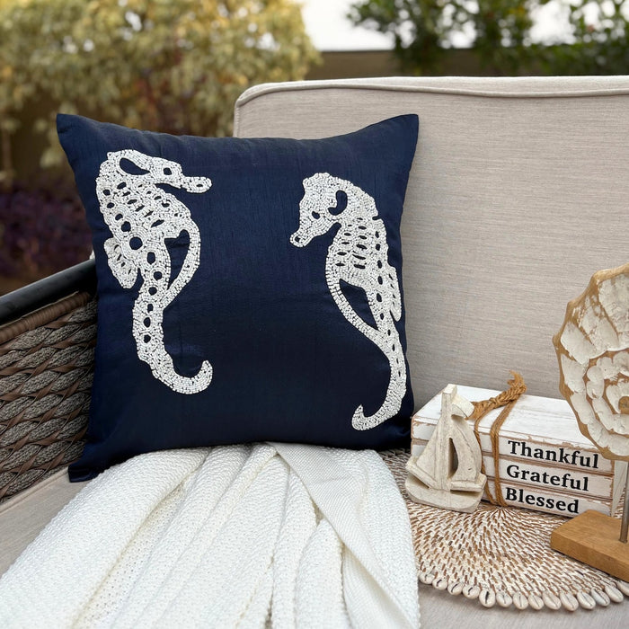 Navy Blue Sea Horse - Navy Blue Art Silk Decorative Euro Sham