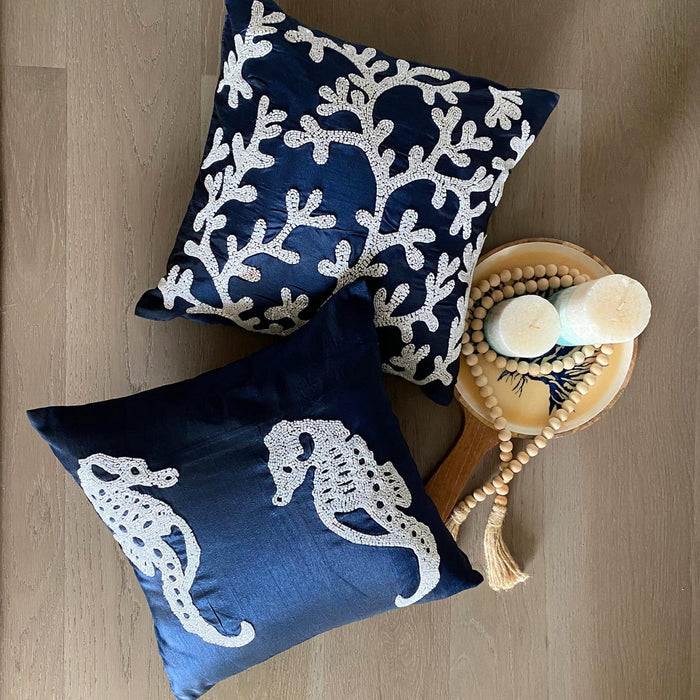 Navy Blue Sea Horse - Navy Blue Art Silk Decorative Euro Sham