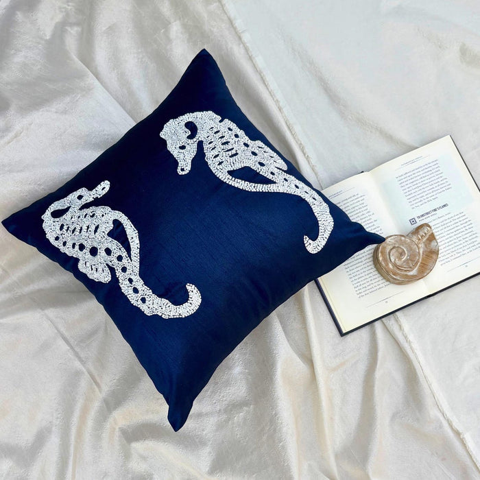 Navy Blue Sea Horse - Navy Blue Art Silk Decorative Euro Sham