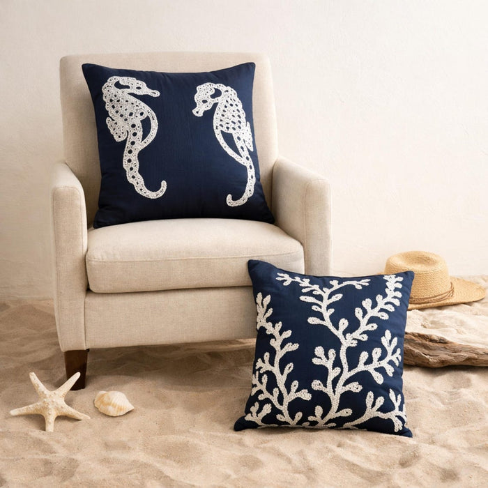 Navy Blue Sea Horse - Navy Blue Art Silk Decorative Euro Sham