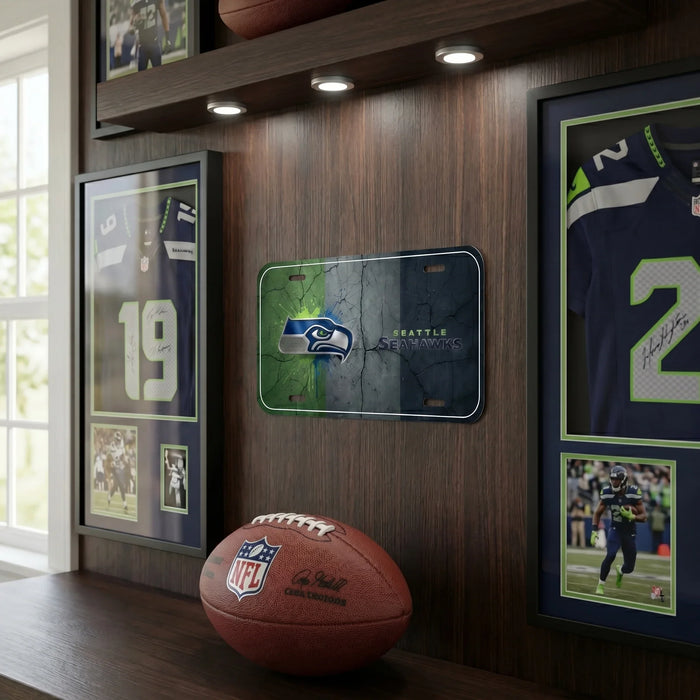 Wooden wall display with framed sports jerseys and a football on a wooden floor.