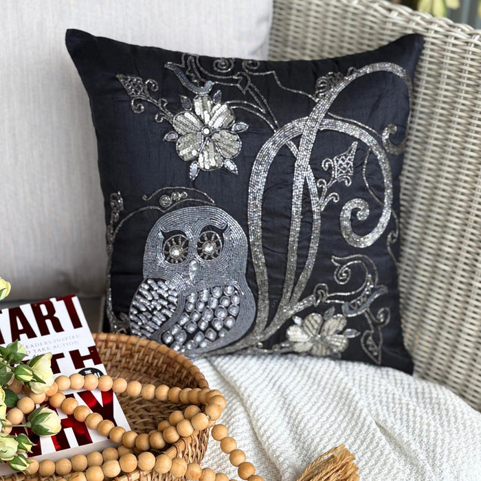 Night Owls - Black Art Silk Decorative Euro Sham