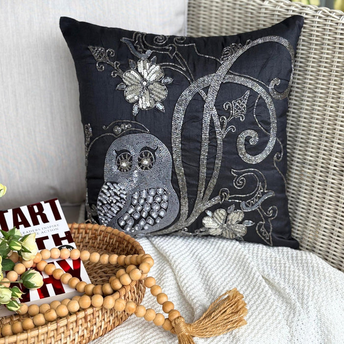 Night Owls - Black Art Silk Decorative Euro Sham