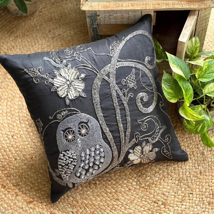 Night Owls - Black Art Silk Decorative Euro Sham