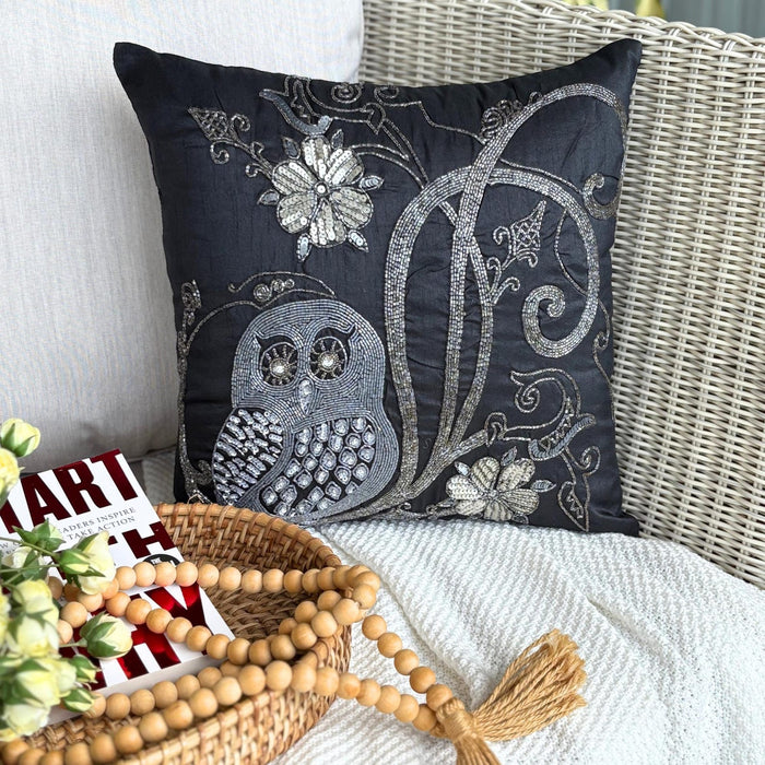 Night Owls - Black Art Silk Decorative Euro Sham