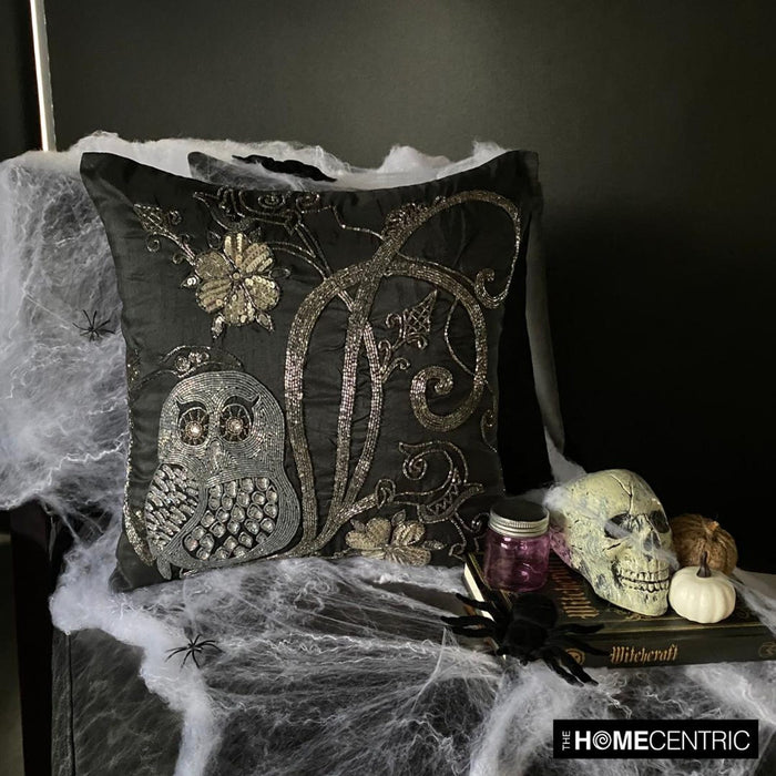 Night Owls - Black Art Silk Decorative Euro Sham