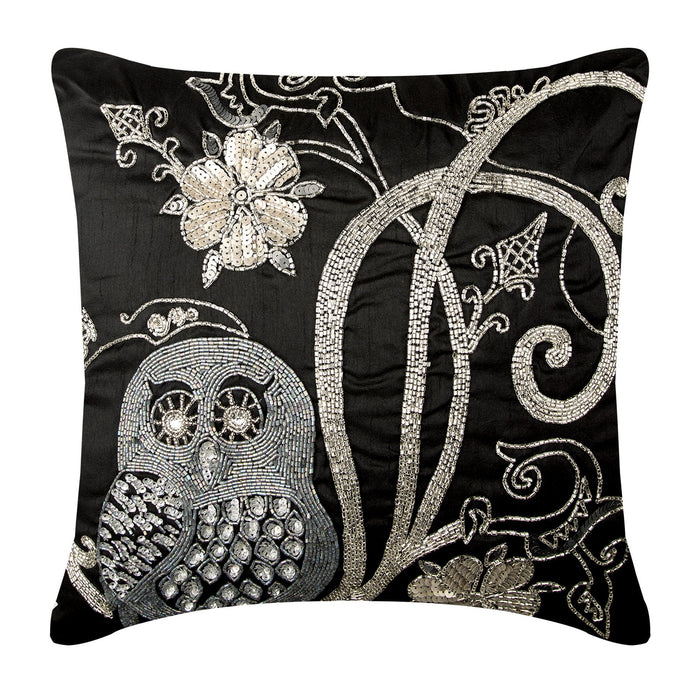 Night Owls - Black Art Silk Decorative Euro Sham