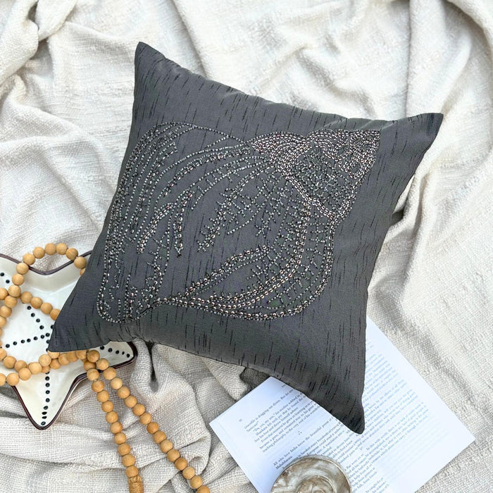 Night Sea Shell - Charcoal Gray Art Silk Throw Pillow Cover