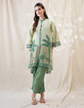 Mint Green Embroidered Kurta Set with Nature-Inspired Motifs and Printed Straight Pants for Women.