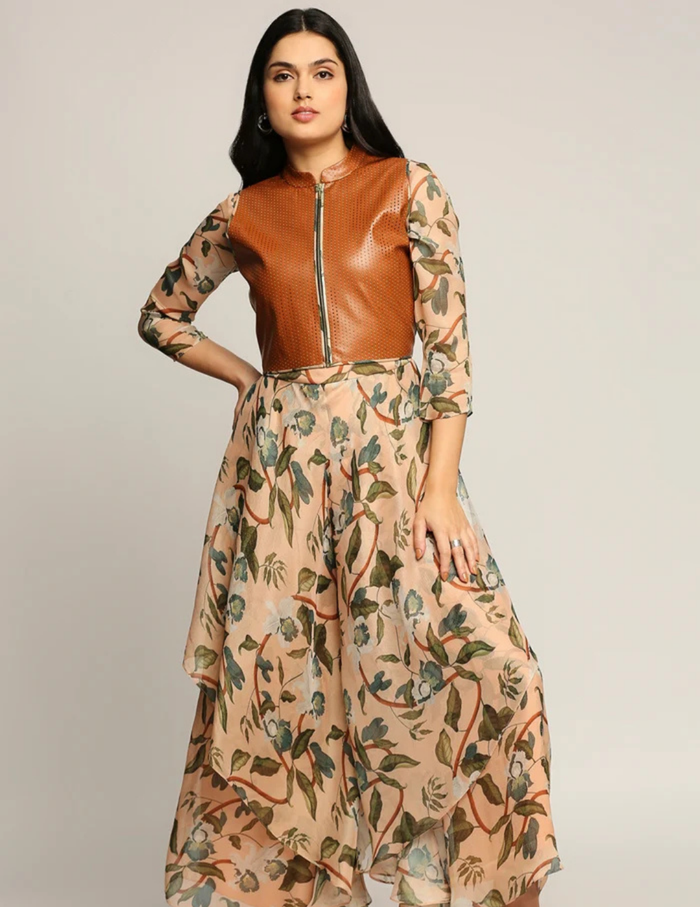 Orchid Bloom Jumpsuit With Leather Jacket