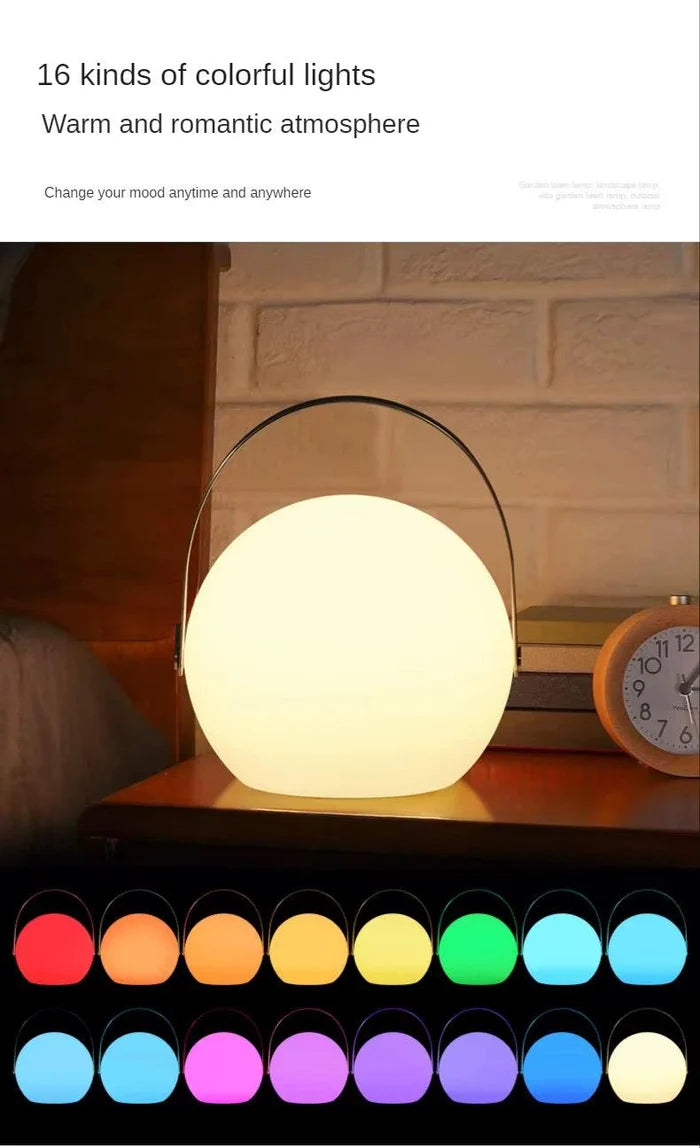 Color-changing spherical lamp with 16 hues for cozy, romantic ambiance on a wooden nightstand
