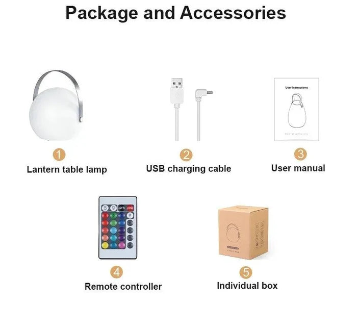 Lantern table lamp with USB cable, remote, manual, and box for cozy home decor