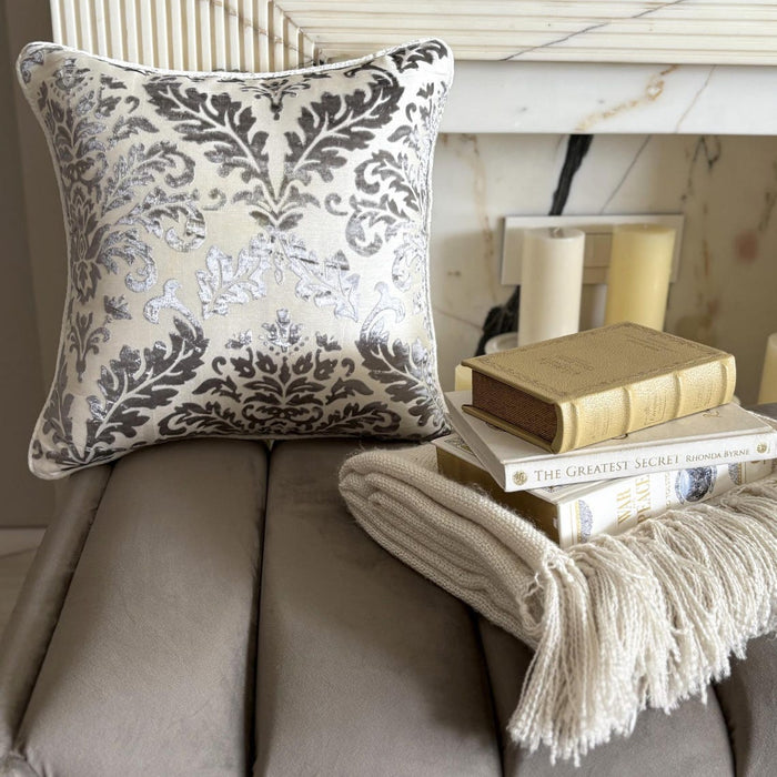 Paloma Grey Damask - Paloma Gray Burnout Velvet Throw Pillow Cover