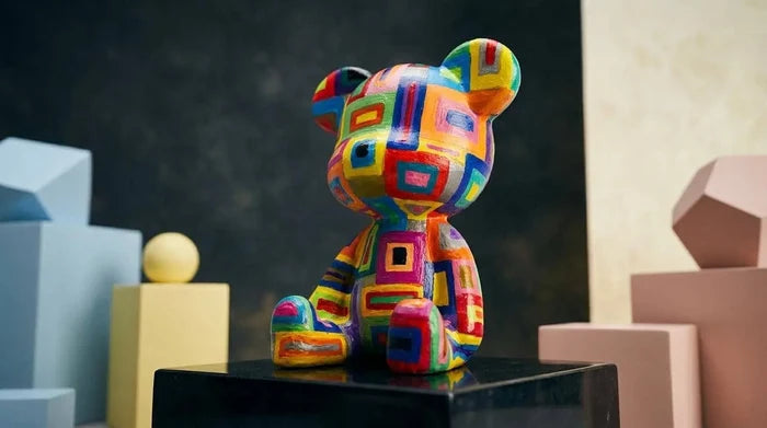 Colorful geometric bear figurine for modern home décor with vibrant patterns and artistic design