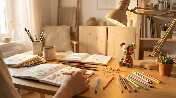 Hand drawing in sketchbook with colorful pencils, cozy desk setup, and vibrant bear figurine