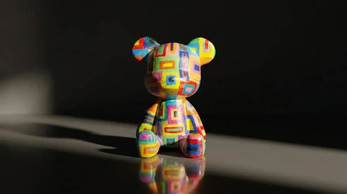 Colorful geometric-patterned bear figurine for home décor