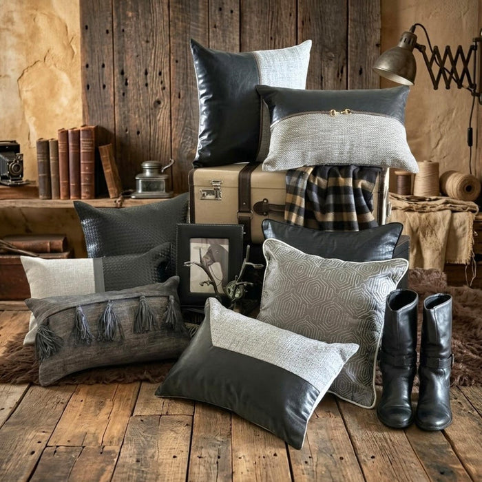Paved Black - Black Faux Leather Decorative Euro Sham