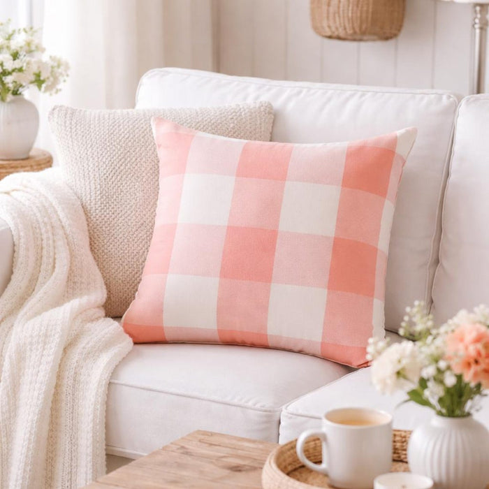 Peach Pink Plaid - Peach Buffalo Checks Decorative Euro Sham