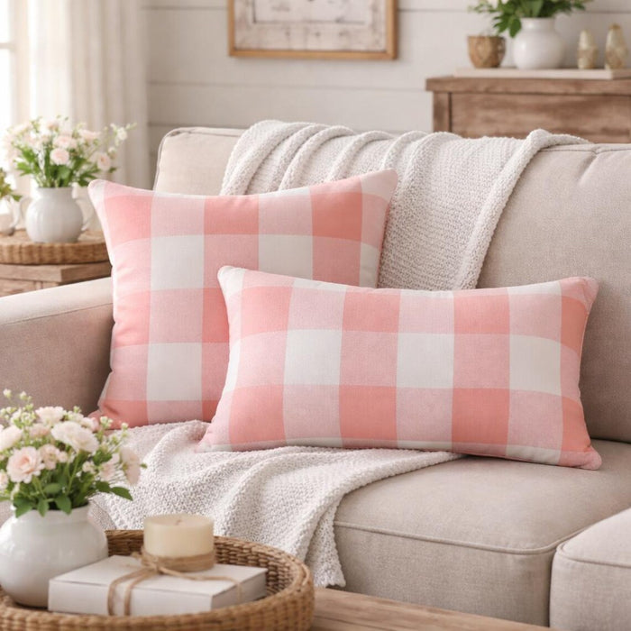 Peach Pink Plaid - Peach Buffalo Checks Decorative Euro Sham