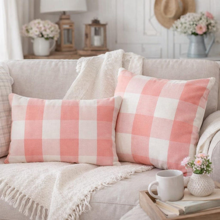 Peach Pink Plaid - Peach Buffalo Checks Decorative Euro Sham
