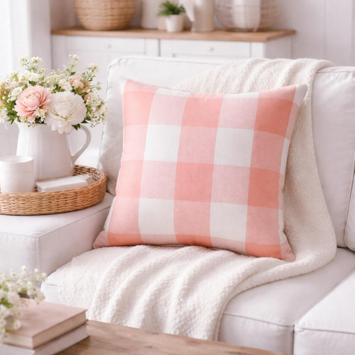 Peach Pink Plaid - Peach Buffalo Checks Decorative Euro Sham