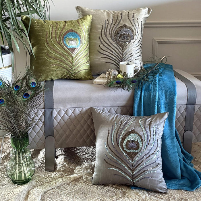 Peacock - Gray Art Silk Decorative Euro Sham