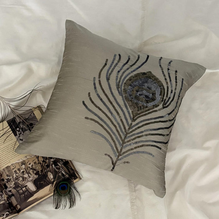Peacock - Gray Art Silk Throw Pillow Cover