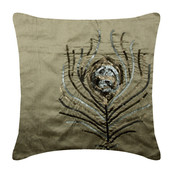 Peacock - Gray Art Silk Throw Pillow Cover