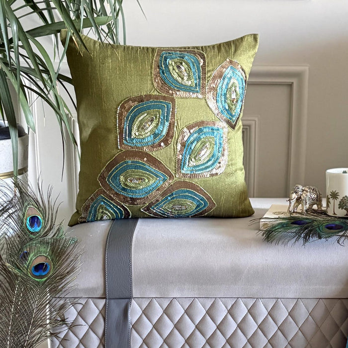 Peacock Abstract - Green Art Silk Decorative Euro Sham