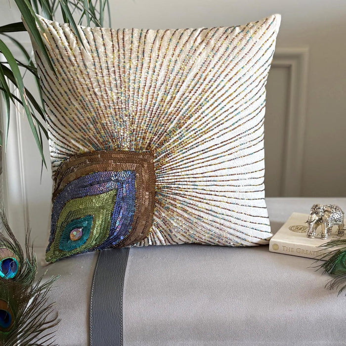 Peacock Beauty - Ivory Art Silk Throw Pillow Cover