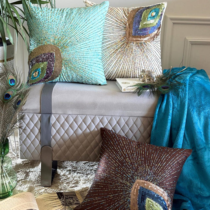 Peacock Beauty - Ivory Art Silk Throw Pillow Cover