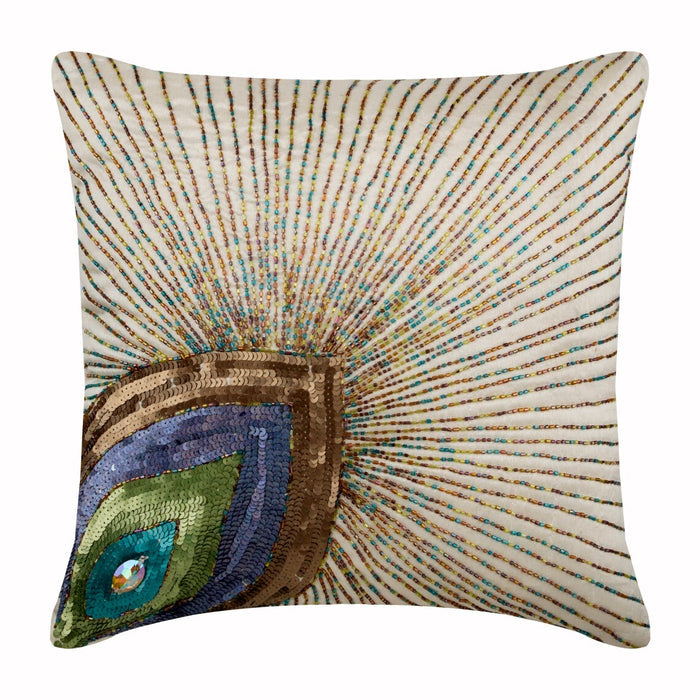 Peacock Beauty - Ivory Art Silk Throw Pillow Cover