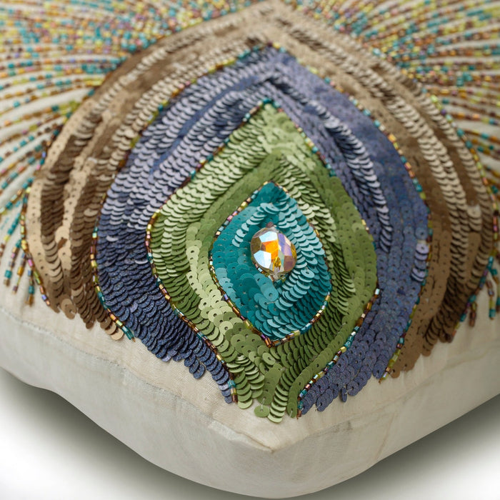 Peacock Beauty - Ivory Art Silk Throw Pillow Cover