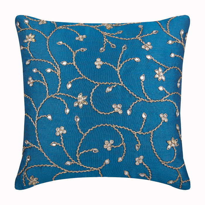 Peacock Blue Ivy Silk Throw Pillow Cover