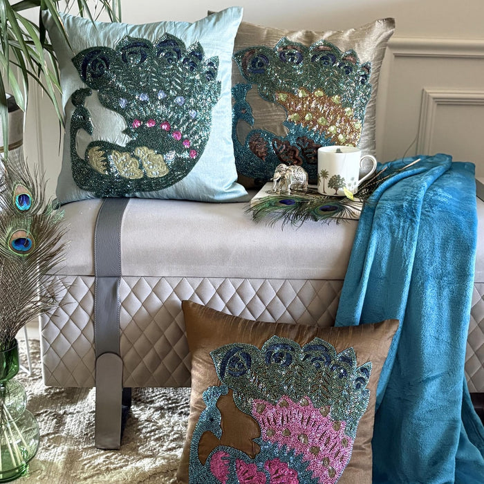 Peacock Glam - Blue Art Silk Throw Pillow Cover