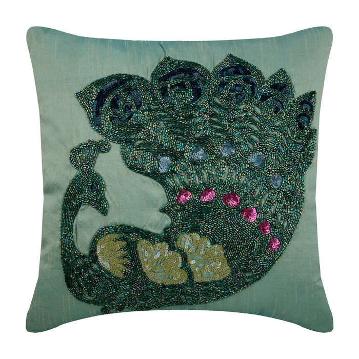 Peacock Glam - Blue Art Silk Throw Pillow Cover