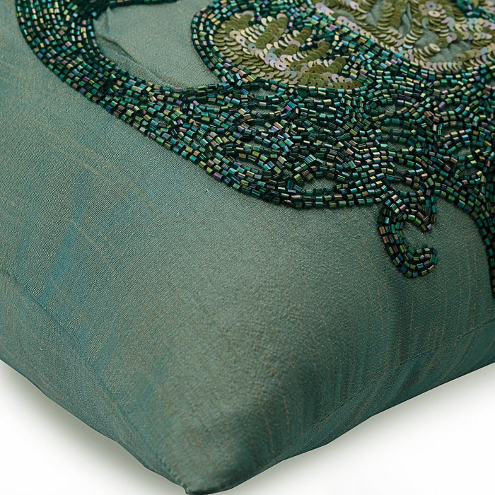 Peacock Glam - Blue Art Silk Throw Pillow Cover