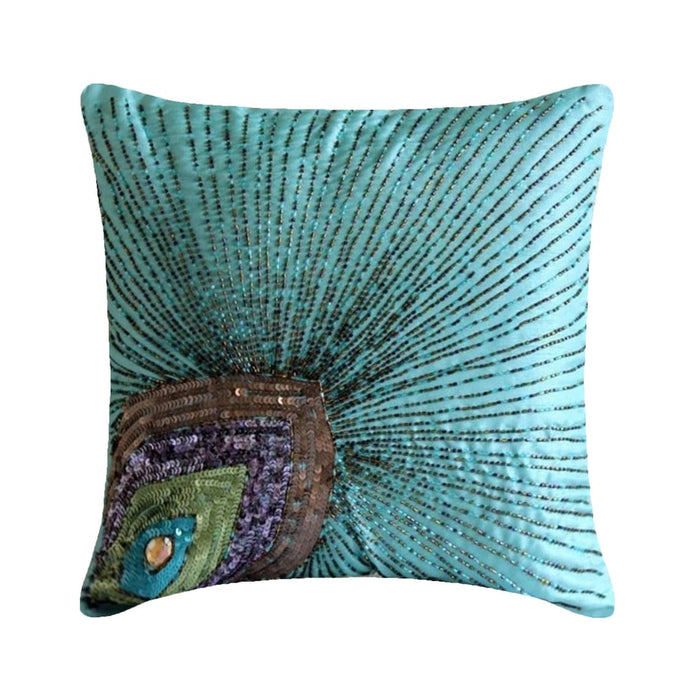 Peacock Grace - Aqua Blue Art Silk Throw Pillow Cover