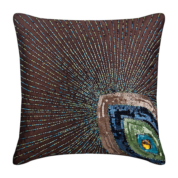 Peacock Sparkle - Brown Art Silk Decorative Euro Sham