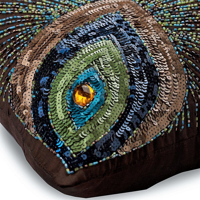 Peacock Sparkle - Brown Art Silk Decorative Euro Sham