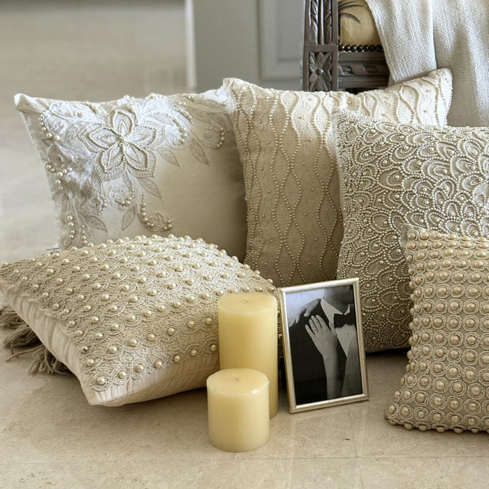 Pearl Haven - Natural Beige Cotton Linen Throw Pillow Cover