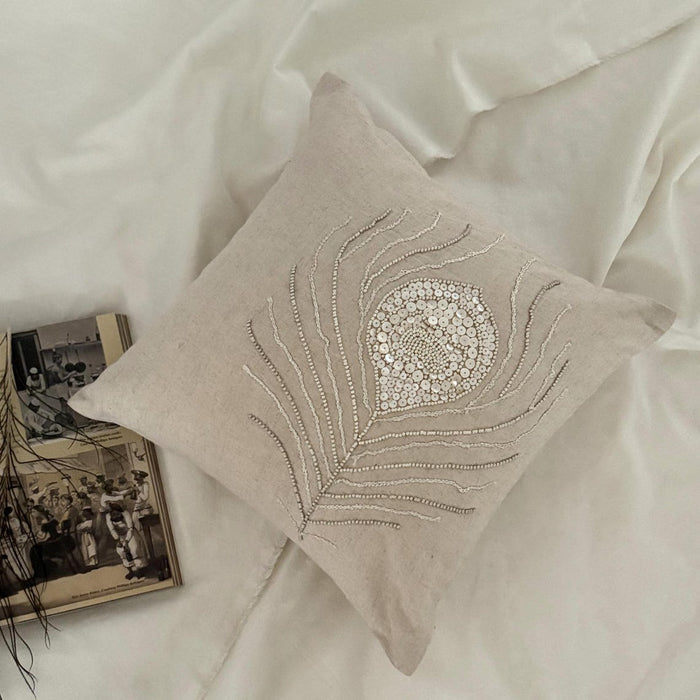 Pearly Peacock Feather - Natural Beige Cotton Linen Throw Pillow Cover
