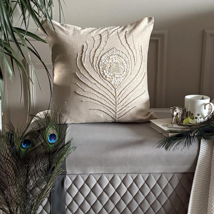 Pearly Peacock Feather - Natural Beige Cotton Linen Throw Pillow Cover