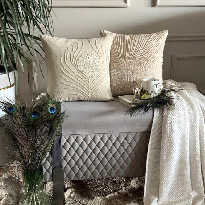 Pearly Peacock Feather - Natural Beige Cotton Linen Throw Pillow Cover