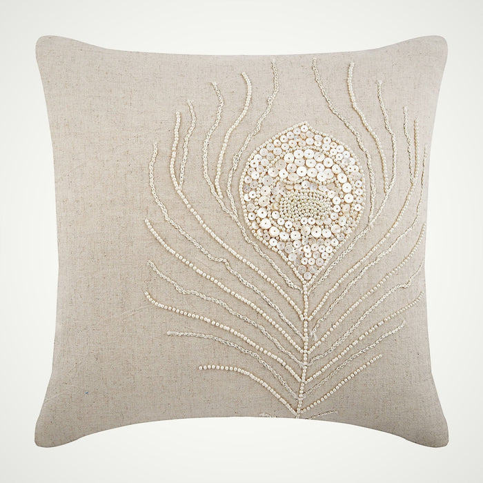 Pearly Peacock Feather - Natural Beige Cotton Linen Throw Pillow Cover