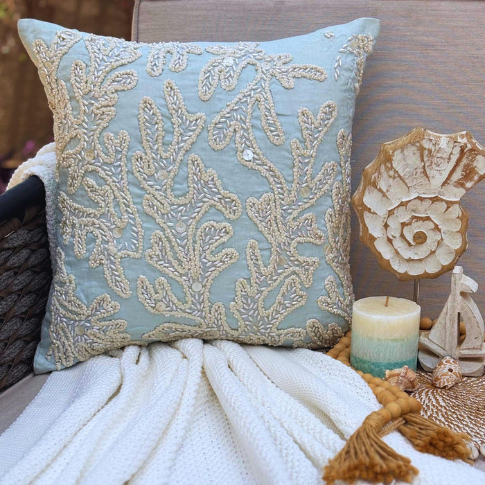 Pearly Sea Tangle - Light Blue Cotton Linen Decorative Euro Sham